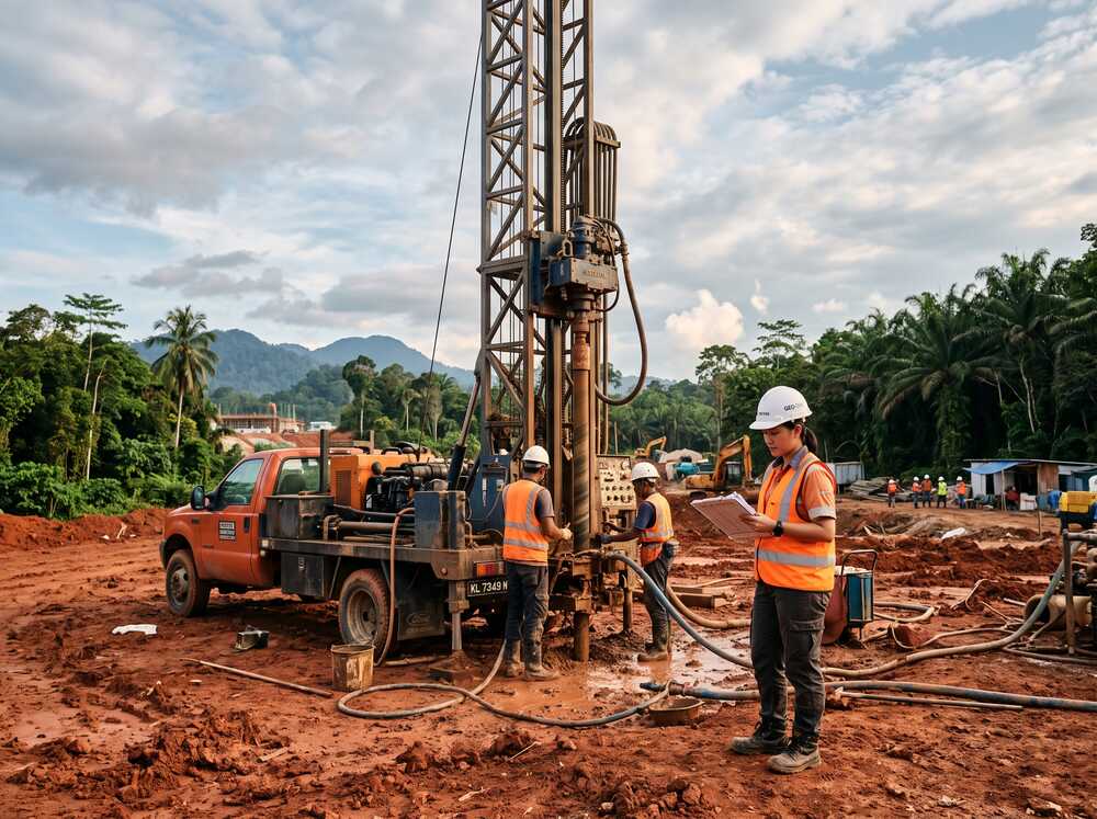Borehole drilling rig conducting soil investigation on a construction site in Malaysia
