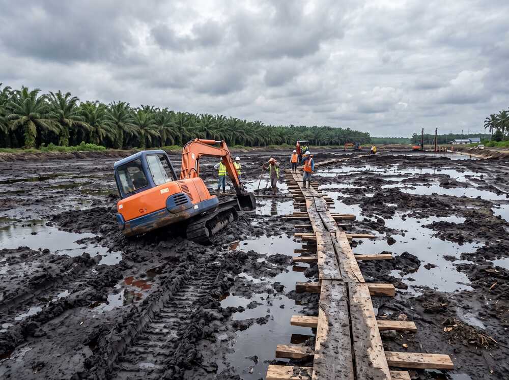 Soft clay and peat ground conditions at a coastal construction site in Malaysia requiring soil investigation