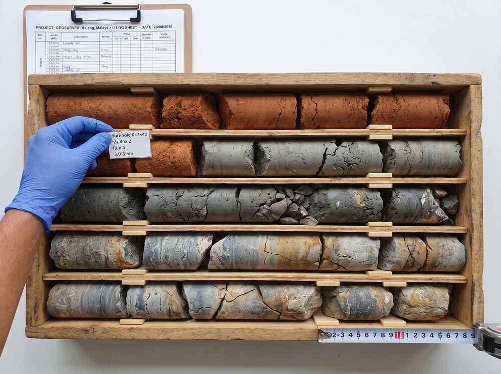 Soil samples collected from borehole drilling arranged in sample boxes for laboratory testing
