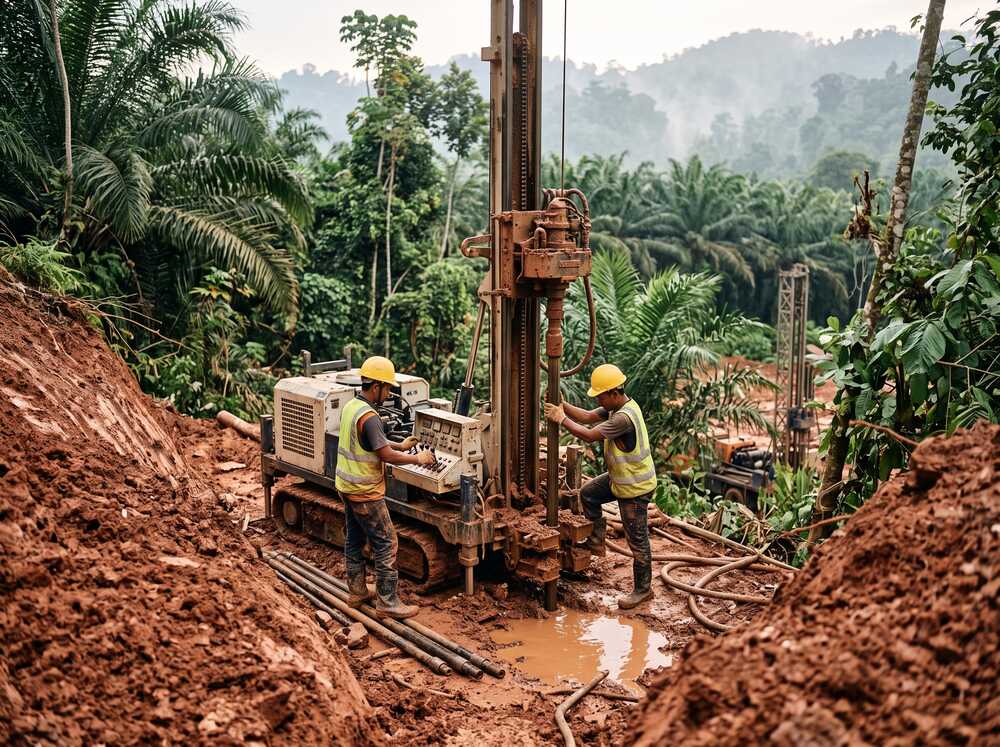 Crawler-mounted drilling rig operating on a hillside site for borehole testing in Malaysia
