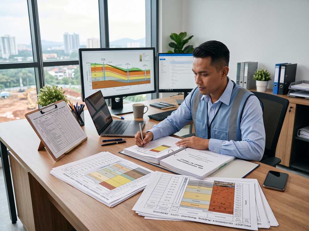 Geotechnical engineer reviewing borehole log data and soil investigation report at office desk
