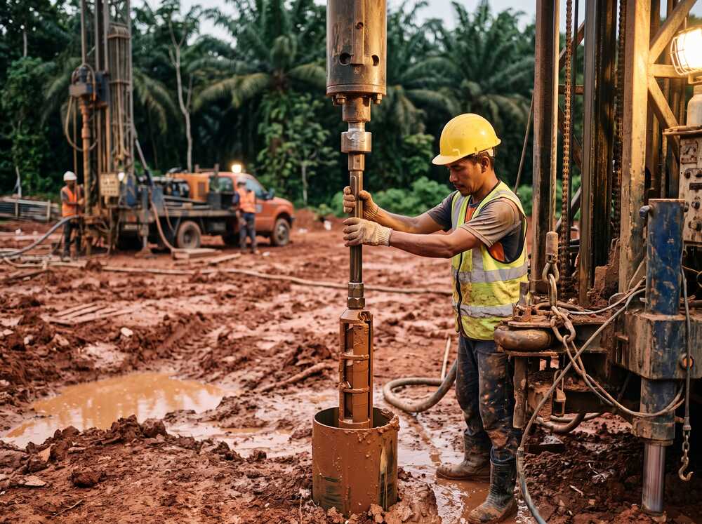 Standard Penetration Test being performed during borehole drilling with split spoon sampler