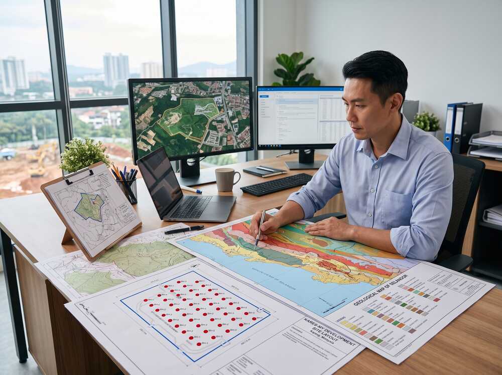 Geotechnical consultant reviewing geological maps and site plans during desktop study phase of site investigation process