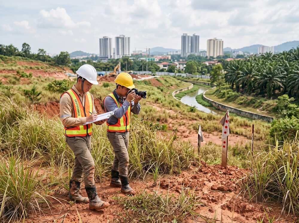 Engineers conducting site reconnaissance walkover on undeveloped land before soil investigation in Malaysia - site investigation process