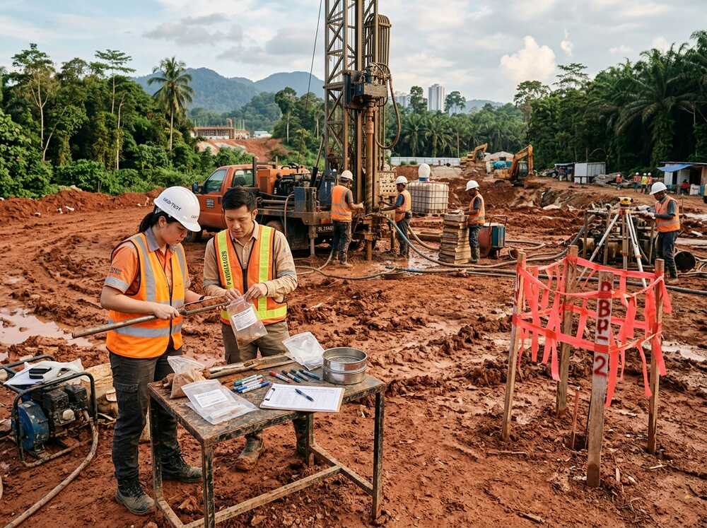 Geotechnical fieldwork showing borehole drilling and soil sampling on a construction site in Malaysia