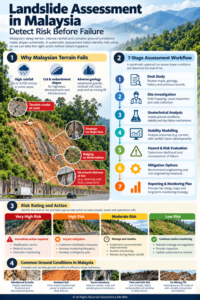 Infographic showing the landslide assessment process in Malaysia — warning signs on cut and embankment slopes, the seven assessment stages from desk study to monitoring, and how hazard ratings map to mitigation actions for high-risk slopes.
