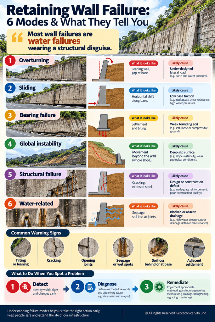 Vertical infographic on retaining wall failure showing six failure modes — overturning, sliding, bearing failure, global instability, structural failure and water-related failure — with warning signs and a detect-diagnose-remediate flow.