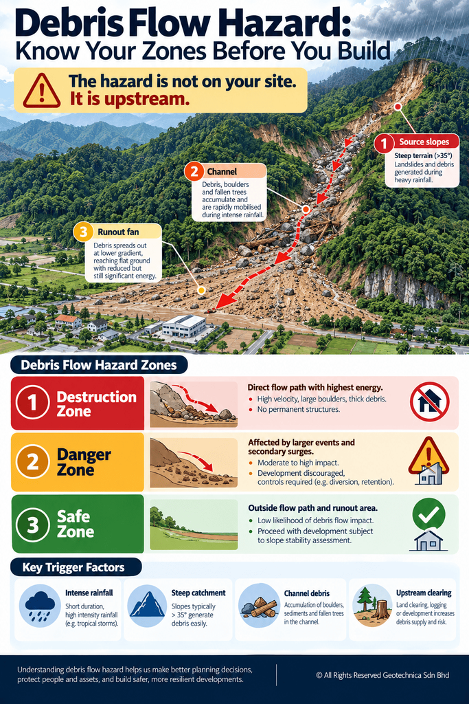 Vertical infographic on debris flow hazard showing a hillside catchment from source slopes to runout, with destruction, danger and safe zones marked and four trigger factors identified.