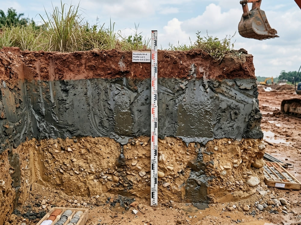 Cross-section of soft clay soil layers at a Malaysian construction site showing compressible ground conditions