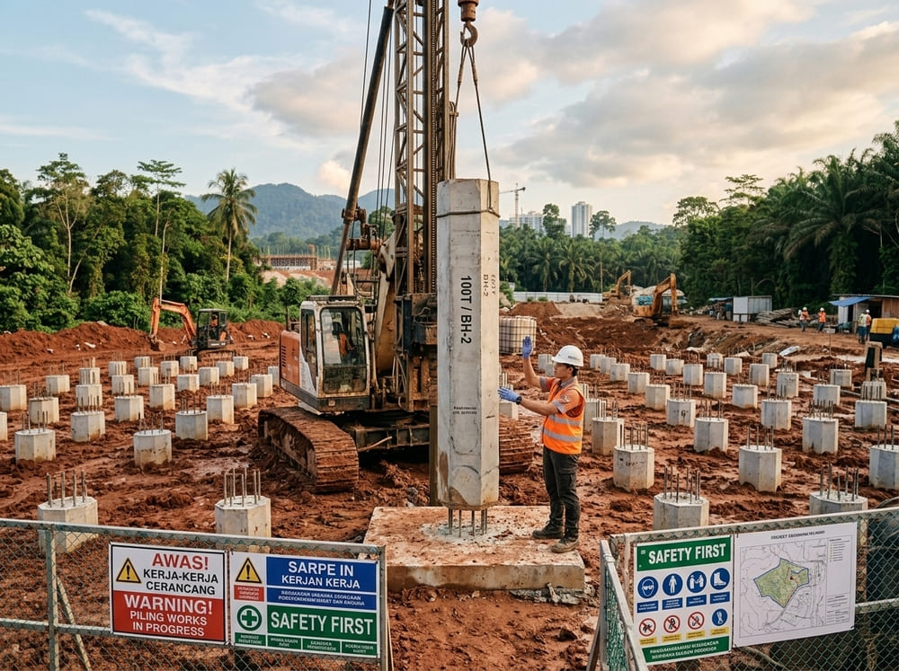 Concrete piling work at a construction site in Malaysia to prevent building foundation settlement