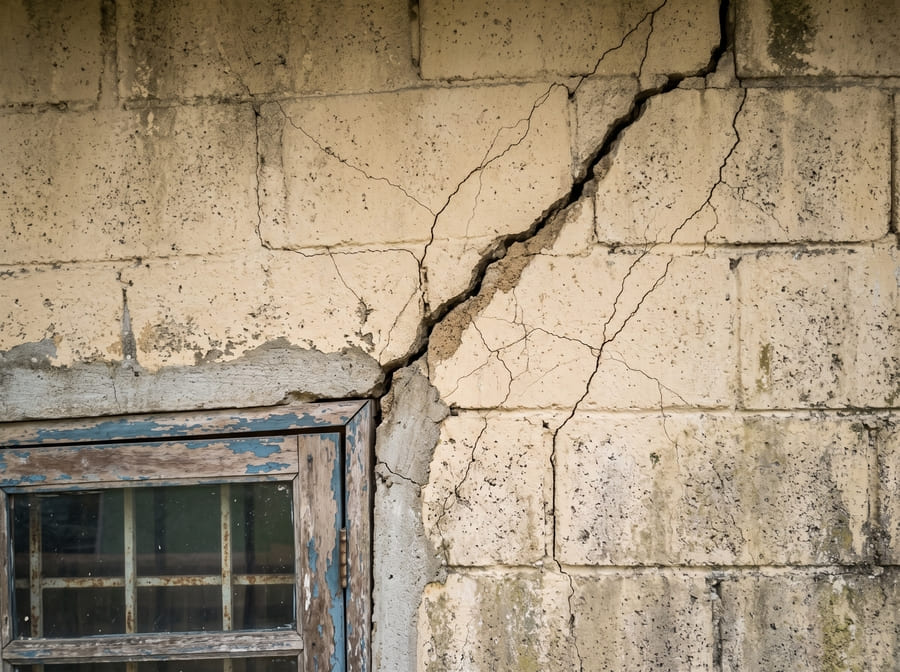Diagonal cracks on building wall caused by foundation settlement showing structural damage