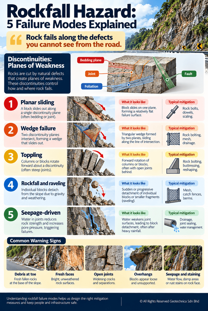 Vertical infographic on rockfall hazard showing rock discontinuities and five failure modes — planar sliding, wedge failure, toppling, rockfall and seepage-driven failure — with warning signs and remediation for each.