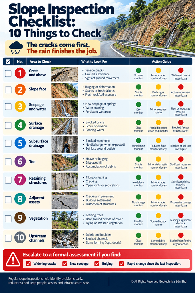 Vertical slope inspection checklist infographic listing ten items to check — crest, face, seepage, drainage, toe, retaining structures, adjacent assets, vegetation and upstream channels — with escalation triggers.