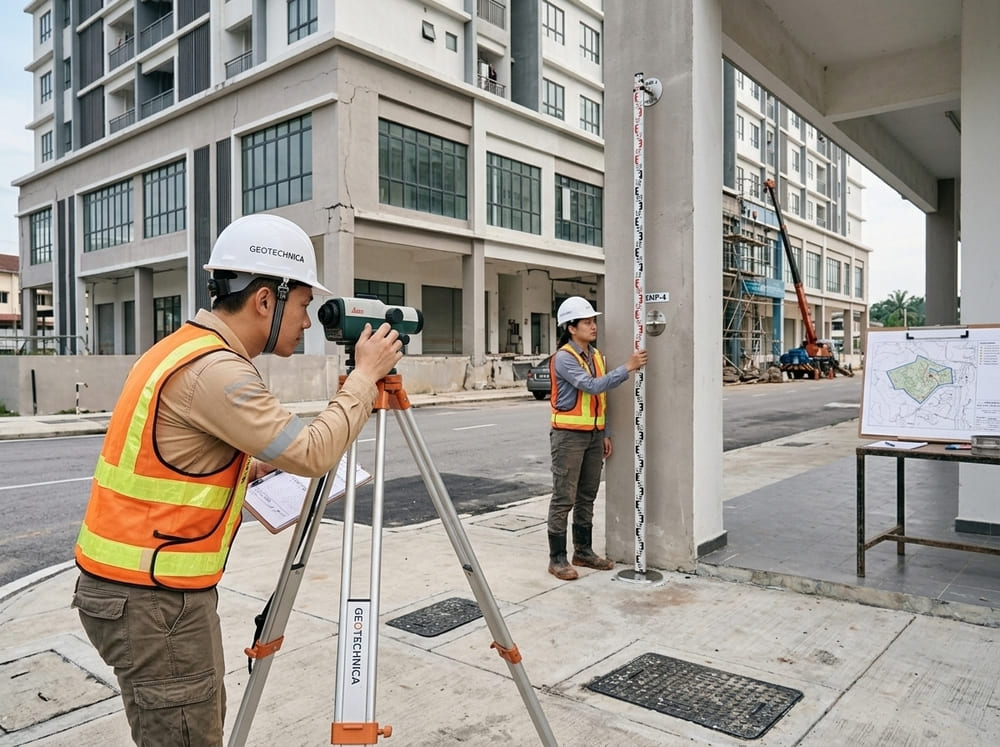 Survey engineer conducting precise level monitoring for differential settlement measurement on a building