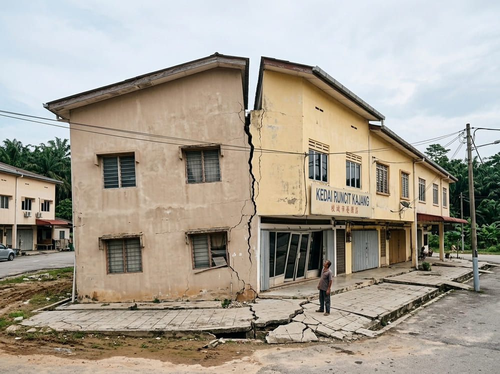 Building showing visible tilting and uneven settlement with cracks at the junction between two structures
