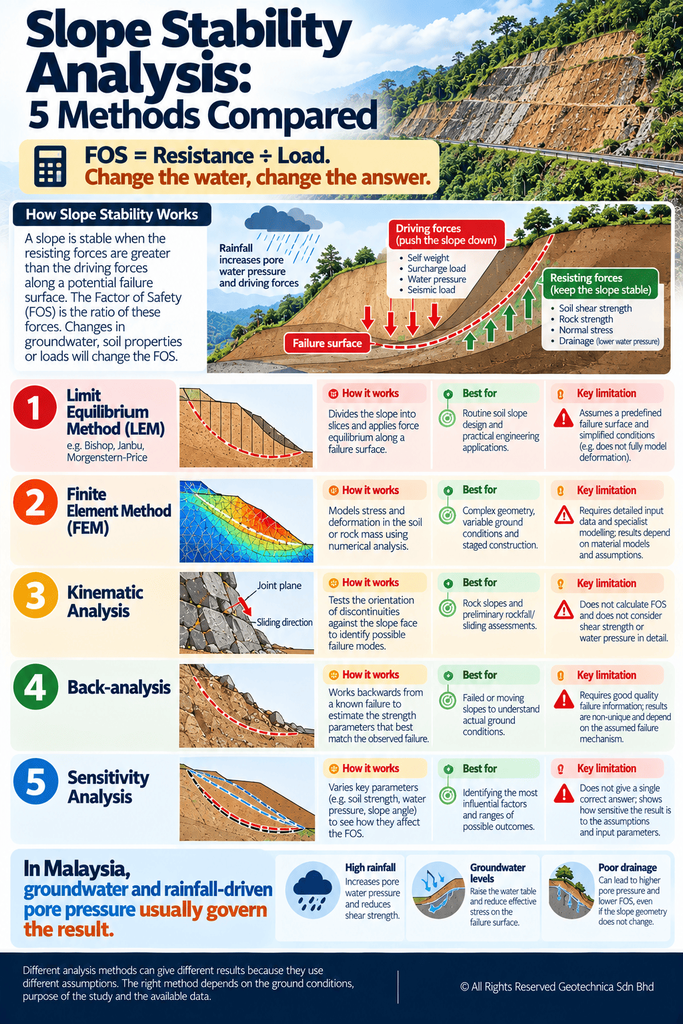 Vertical infographic on slope stability analysis comparing five methods — limit equilibrium, finite element, kinematic, back-analysis and sensitivity — with a factor of safety diagram and groundwater callout.
