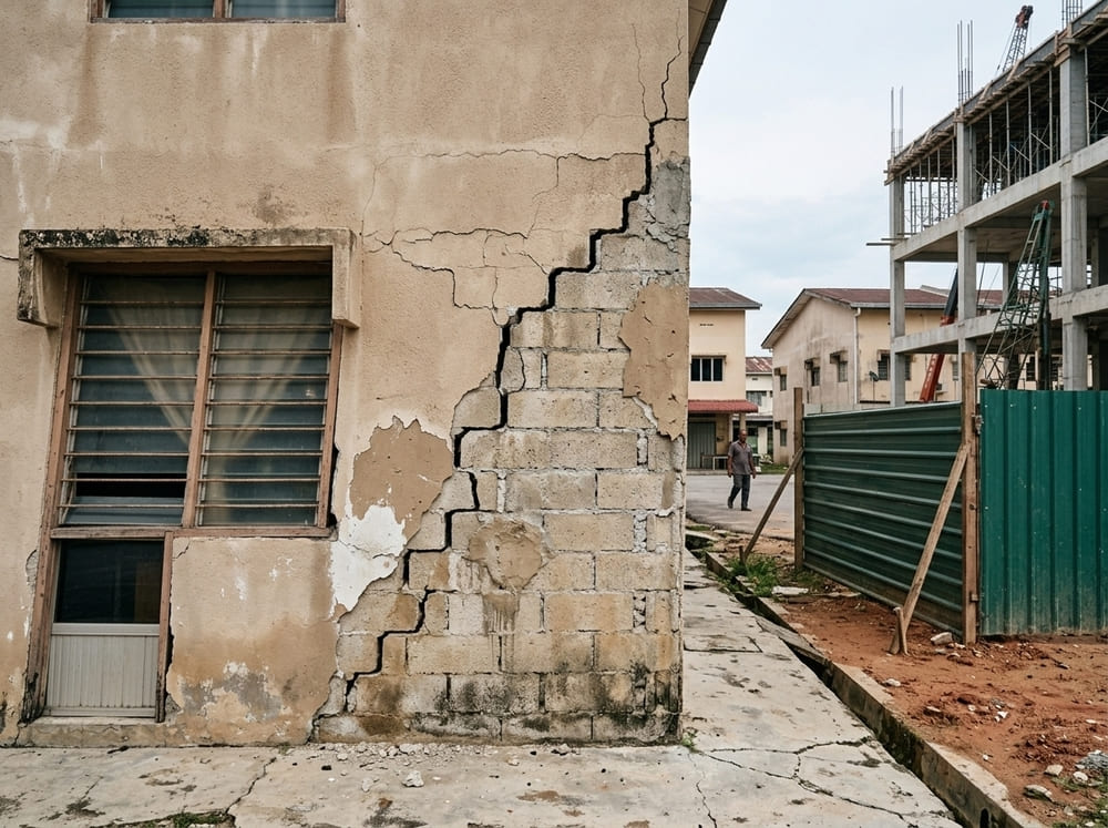 Cracked and damaged building wall in Malaysia showing settlement damage as warning sign for nearby construction projects