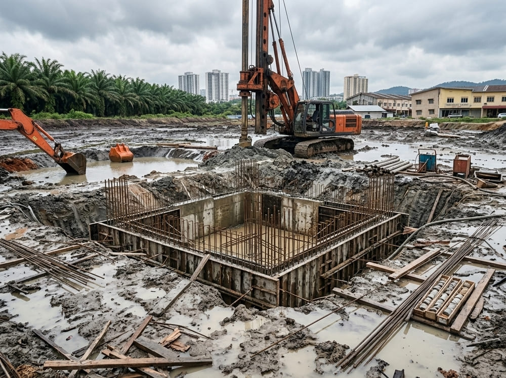 Construction site with foundation problems and waterlogged ground conditions due to inadequate soil investigation