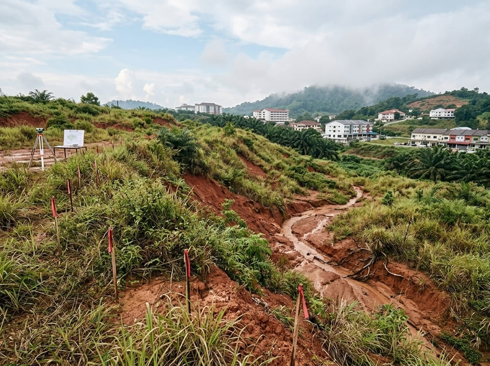 Undeveloped hillside land in Malaysia showing slope terrain requiring soil investigation before construction